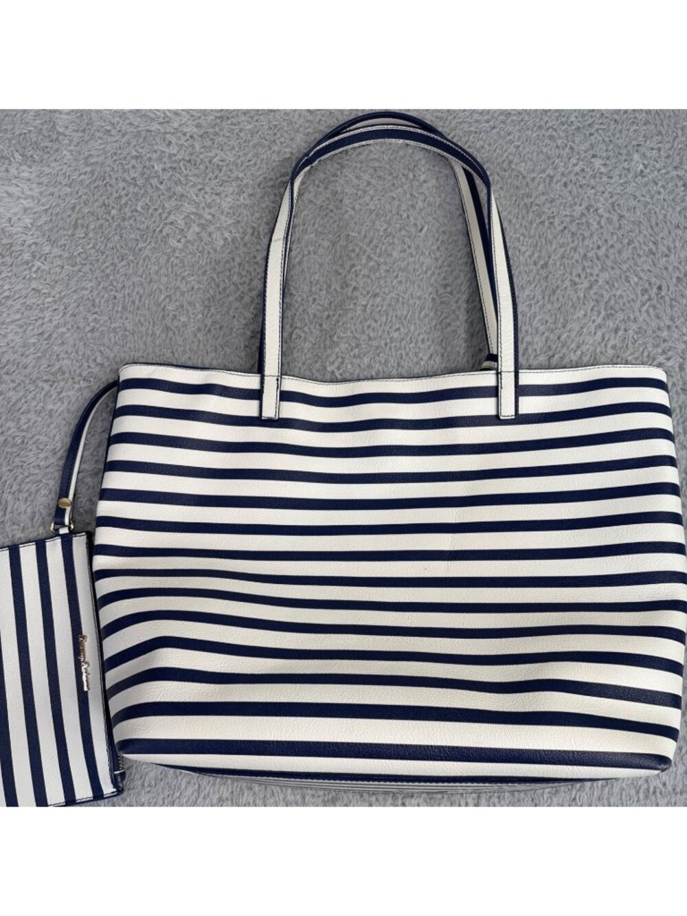 Tommy Bahama Floral Stripe Tote W/Pouch Navy White Faux Leather Travel Beach 90s - Picture 9 of 16